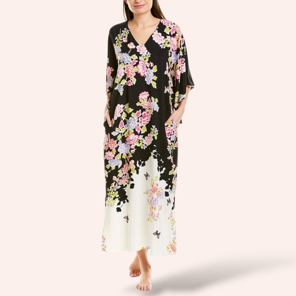 NATORI ‘Josie’ Gardenia Kimono Style V-Neck Kaftan Side Seam Pockets  NWT Sz M - Picture 1 of 9